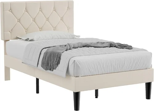 Vista 8 de VECELO Twin Bed Frame with Upholstered Tufted Headboard, Beige
