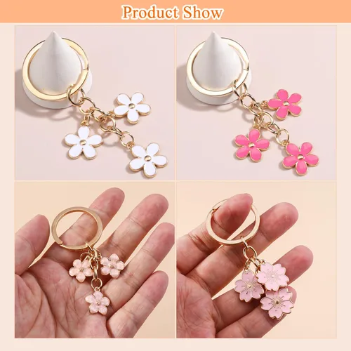 Vista 3 de Homvog 4 llaveros de flores lindos para mujer, llaveros de flores, dijes de borlas, colgantes esmaltados, llavero de borla, regalo de cartera