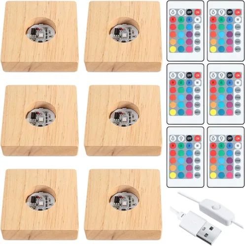 Vista 8 de Riakrum Base de pantalla LED cuadrada de madera, soporte de lámpara iluminada de madera con control remoto para el hogar, arte láser 3D, resina