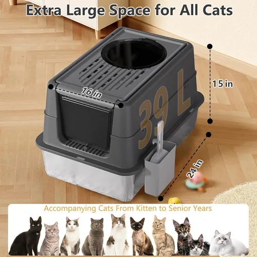 Vista 2 de Caja de arena de acero inoxidable con tapa, diseño XL cerrado antifugas para gatos grandes, sistema de caja de arena de metal antiadherente fácil