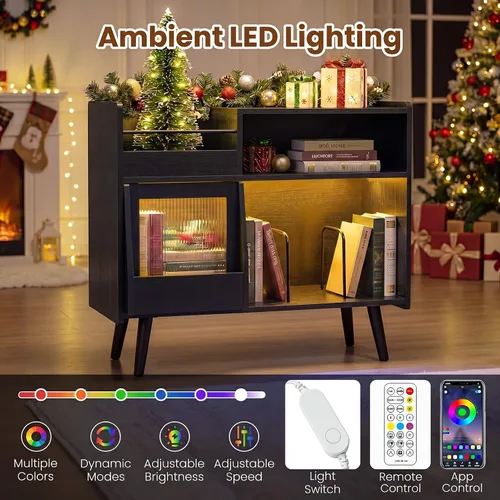 Vista 4 de Giantex Soporte grande para tocadiscos con luz LED, soporte para tocadiscos moderno de mediados de siglo con puerta deslizante, estación de carga