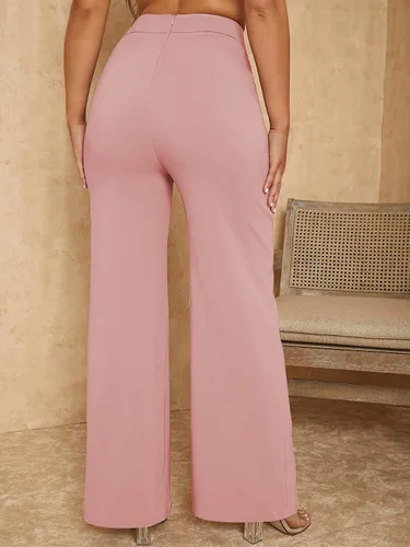 Vista 2 de SweatyRocks Pantalones de pierna ancha Palazzo con costura en la cintura superpuesta para mujer, pantalones largos de cintura alta, pantalones