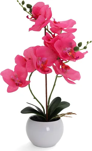 Vista 7 de Planta de orquídea artificial en maceta, decoración realista de orquídea rosa intenso (1)