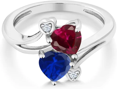 Vista 2 de Gem Stone King Anillo de oro blanco de 10 quilates con zafiro creado azul y rubí rojo para mujer