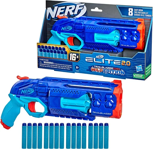 Vista 9 de Nerf Elite 2.0 Trailblazer RD-8 Blaster, diseño de color Wild Edition, tambor giratorio de 8 dardos, acción de martillo, 16 dardos de élite, riel