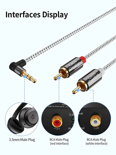 Vista 2 de CableCreation Cable de audio de 3,5 mm a RCA, ángulo de 3,5 mm macho a 2RCA macho estéreo auxiliar audio divisor en Y chapado en oro para teléfonos