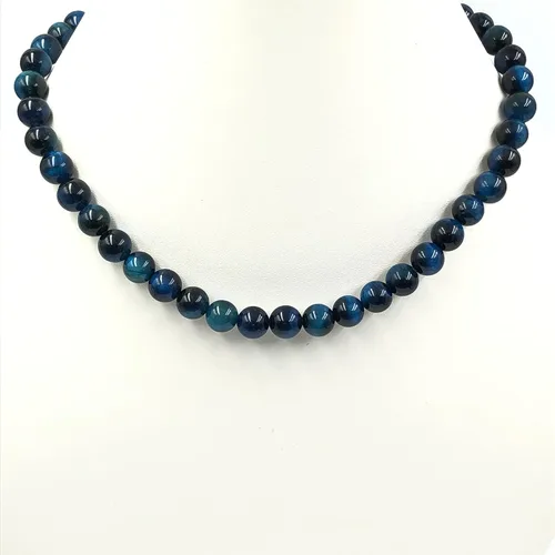 Vista 3 de SHNAYA JEWELS Gargantilla de 15.5 pulgadas con cuentas redondas de ojo de tigre de estrella azul natural para niñas y mujeres, collar unisex, collar