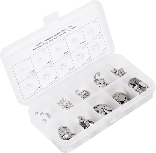 Vista 4 de Surtido de clips métricos E, kit de sujeción de anillos de retención externos sin rebabas para reparación de ejes, acero inoxidable 304, plata
