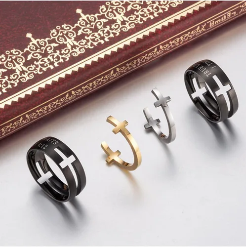 Vista 5 de Anillo de rompecabezas de pureza cristiana de acero inoxidable con versículo bíblico de 0.315 in para hombre, 1 Timoteo 4:12 Tono-dorado