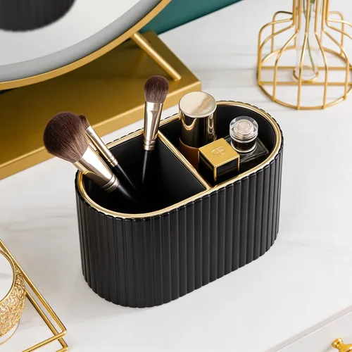Vista 5 de KINGFOM Organizador de brochas de maquillaje con divisor, soporte de piel sintética para encimera de baño y tocador, organizador de almacenamiento