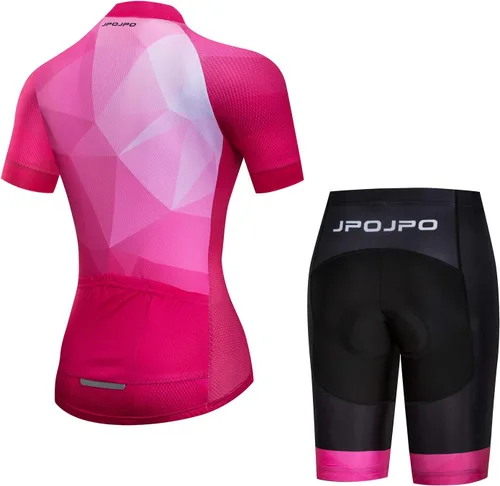 Vista 45 de Camiseta de ciclismo para mujer, manga corta y pantalones cortos de ciclismo acolchados para verano