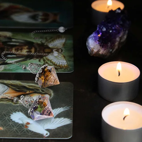 Vista 3 de Péndulo de cristal de 7 chakras para radiestesia, árbol de la vida de Reiki, 6 péndulos puntiagudos facetados Scrying Dowser para adivinación