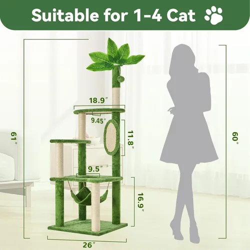 Vista 2 de Árbol para gatos de 61 pulgadas con hojas verdes, torre grande de varios niveles con hamaca, casa de felpa para gatos con juguete de bola colgante