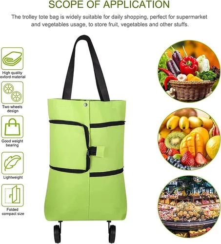Vista 3 de Bolsa de compras plegable 2 en 1, carrito de compras plegable ligero, carrito de compras con ruedas, plegable, bolsa de compras plegable