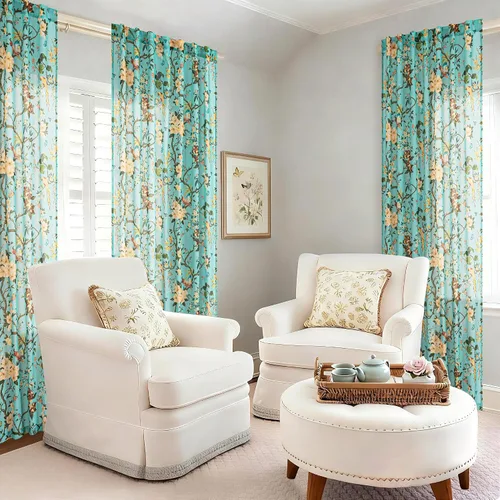 Vista 7 de Cortinas de lino de pájaro floral azul 2 paneles de 72 pulgadas de largo Aqua Blue