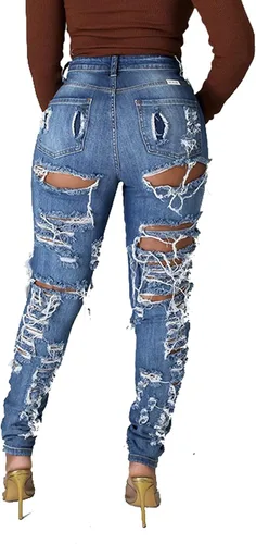 Vista 2 de Women's Skinny Ripped Jeans Stretch Destroyed Mid High Waist Denim Pants