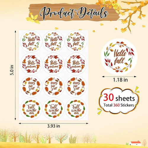 Vista 2 de Lucleag Calcomanías de Hello Fall para niños, calcomanías de corona de hojas de otoño, calcomanías de otoño para sellos de sobres de dulces