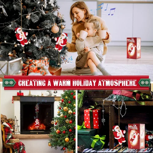 Vista 7 de Gfilay Papá Noel escalador con música, adorno colgante de árbol de Navidad, novedad de Papá Noel escalador en cuerda, decoración navideña, gran
