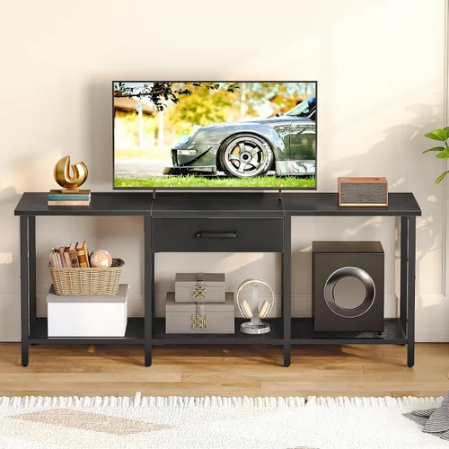 Vista 8 de HOOBRO Soporte de TV para televisores de hasta 55 pulgadas, centro de entretenimiento con cajón de tela y estantes abiertos, mesa consola industrial