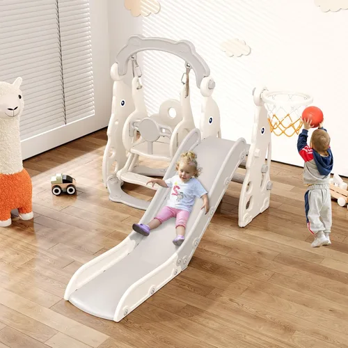 Vista 6 de Tobogán para Niños Pequeños, Conjunto de Juegos 4 en 1 para Niños Pequeños - Actualizado con Tobogán para Niños, Columpio, Aro de Baloncesto