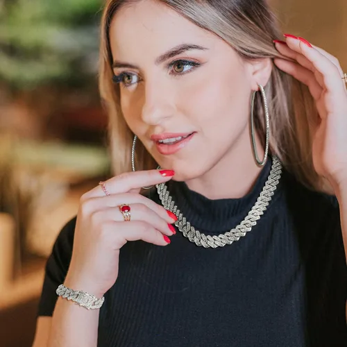 Vista 6 de Krfy Cuban Link Chain Necklace Bracelet Rhinestone Hoop Earrings Set Bling Necklace Bracelet Crystal Big Circle Earrings for Women Girls