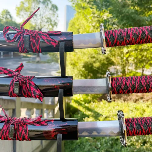 Vista 7 de 3-Piece Set Katana Carbon Steel Blade Japanese Samurai Sword Real,Iaido Samurai Sword Display Decoration Gift Rojo
