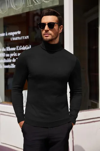 Vista 4 de COOFANDY Suéter de cuello alto ajustado para hombre, casual, básico, de manga larga, suéter de punto