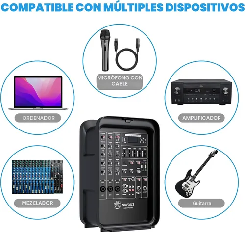 Vista 6 de NBVOICE Sistema PA integrado de 2 vías profesional portátil todo en uno, configuración fija, diseño de maleta con mezclador de 8 canales, 2 soportes