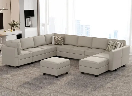 Vista 10 de Belffin Sofá modular modular con asiento de almacenamiento, sofá en forma de U de gran tamaño, sofá modular de terciopelo con terciopelo otomano