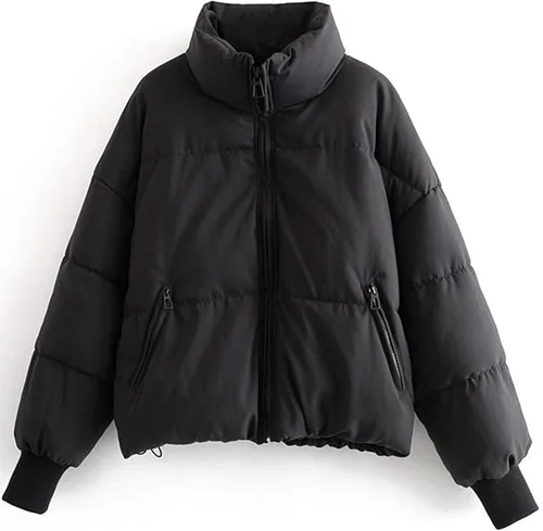 Vista 6 de Tanming Chaqueta acolchada casual para mujer, manga larga, cremallera completa, abrigo de invierno acolchado negro