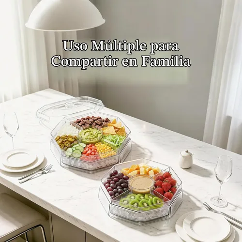 Vista 5 de IVYHOME 5 compartimentos para servir hielo Lazy Susan, plato de cóctel de camarones divididos con tapa, plato de plástico para tacos, bandeja fría