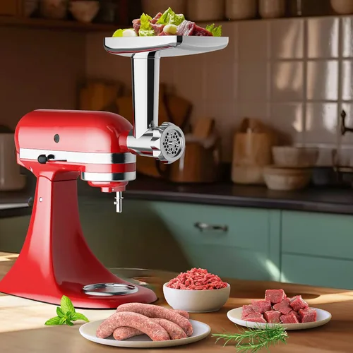 Vista 5 de Accesorios de acero inoxidable para molinillo de alimentos para batidoras de pie KitchenAid, incluyendo relleno de salchichas, acero inoxidable