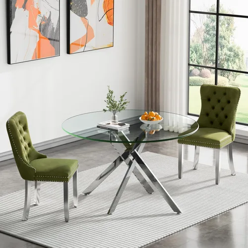 Vista 77 de Juego de mesa de comedor de cristal plateado moderno de 47 pulgadas para 2, juego de mesa de comedor de cocina redonda de 3 piezas con patas