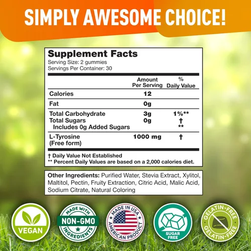 Vista 3 de BioVit L - Gomitas de tirosina – Suplemento de aminoácido L tirosina activado – Suplemento de enfoque natural, estado de ánimo y energía para niños
