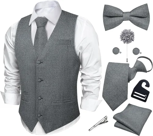 Vista 8 de DiBanGu Conjunto de corbata con cremallera y chaleco de lino para hombre Negro