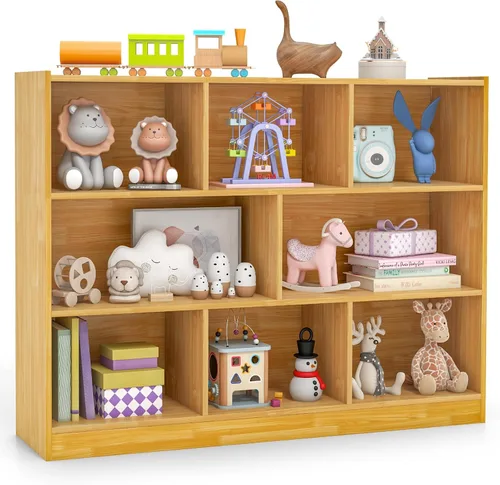 Vista 12 de KOTEK Organizador de almacenamiento de juguetes, estantería infantil de 5 cubos, estantería de madera de 3 niveles, estante abierto para guardería