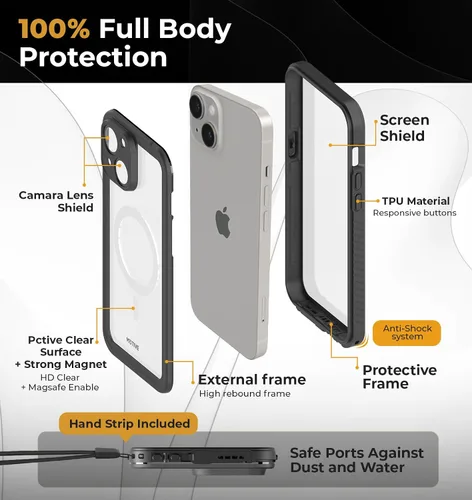 Vista 3 de MOTIVE Funda impermeable para iPhone 15, protector de pantalla integrado, compatibilidad MagSafe sin costuras, protector a prueba de polvo, a prueba