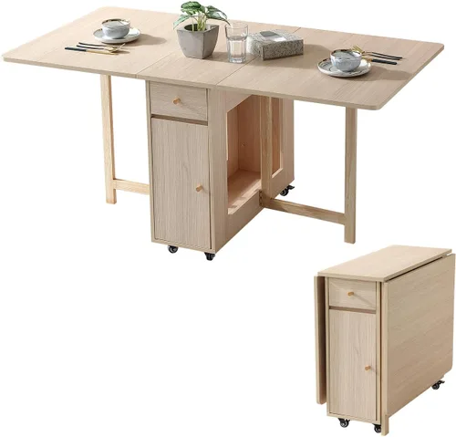 Vista 10 de COMUHOME Mesa de comedor extensible plegable con hoja abatible, con 2 cajones y 4 ruedas para sala de estar, cocina, estilo granja, mesa ahorradora
