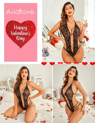 Vista 4 de Avidlove - Body de lencería de una pieza para mujer diseño de encaje sexy con escote en V profundo baby doll tallas XS a XXXL