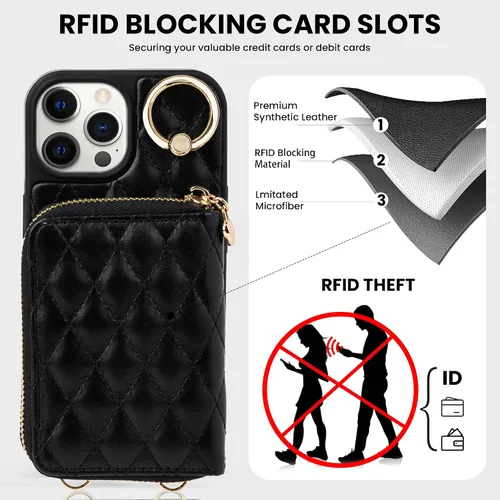 Vista 4 de Funda para iPhone 12 Pro/iPhone 12 de 6.1 pulgadas, cartera cruzada con cremallera para mujer, tarjetero con bloqueo RFID, funda de cuero con Negro