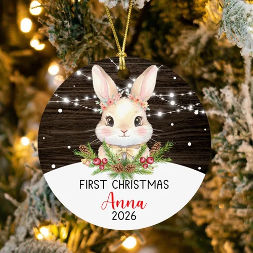 Vista 3 de Adorno de conejito de bebé, adorno personalizado con nombre y año para recién nacido 2026, decoración de conejo de Navidad personalizada, regalo