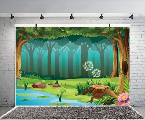Vista 6 de Leyiyi Fondo de fotografía de bosque encantado de 5 x 3 pies, diseño de cuento de hadas, bosque, primavera, flores, río, caricatura, telón de fondo