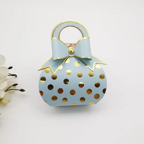 Vista 3 de 50 piezas de bolsas con lazo decorativo verde y dorado con lunares de papel metalizado dorado, cajas de regalos de boda para dulces con lazo y asa
