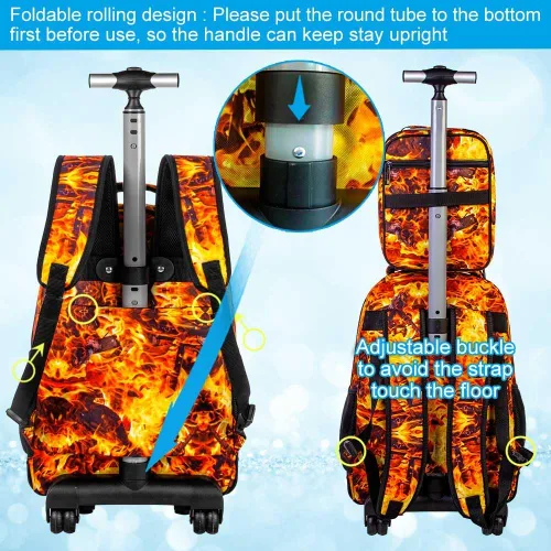 Vista 4 de ZLYERT Mochila con ruedas para mujeres y hombres, mochila con ruedas para niñas y niños, mochila de viaje para adultos, Gragon de Fuego
