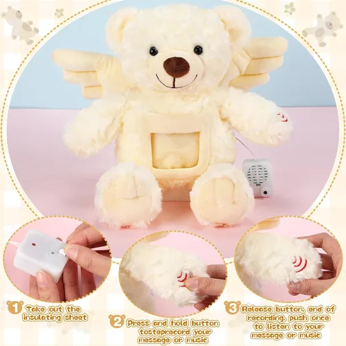 Vista 4 de Leyndo Oso de recuerdo de ángel de 12 pulgadas con grabador, juguete de peluche suave con un marco de fotos para baby shower, fiesta de cumpleaños