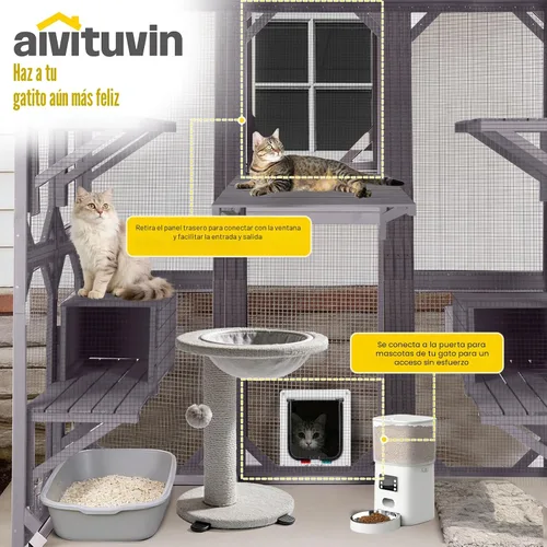 Vista 2 de Aivituvin Casa de gato al aire libre Katio Kitty Recinto con puerta de entrada súper grande, jaula de gato de madera para interiores
