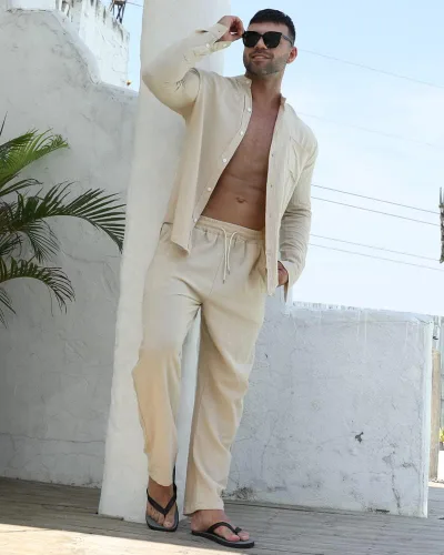 Vista 2 de RPOVIG Conjunto de camisa de lino 2 piezas Henley para hombre, camisas de manga larga, pantalones de yoga sueltos, ropa de playa, color blanco roto