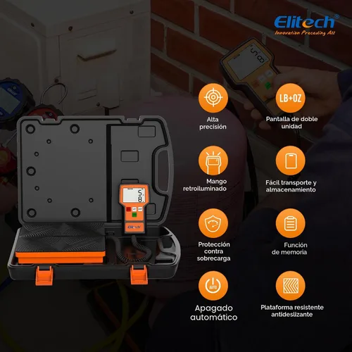 Vista 2 de Báscula Elitech LMC-100F+ de carga para refrigerante, 110 libras, de alta precisión, para Freon, para calefacción, ventilación y aire acondicionado