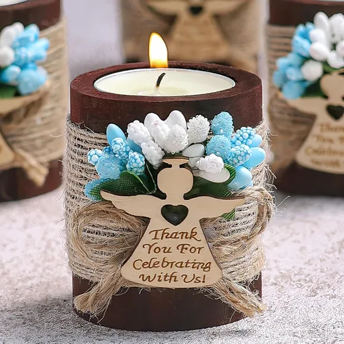 Vista 2 de Ju's Favors Juego de 10 portavelas de madera para recuerdos de bautismo para invitados, recuerdos de fiesta de baby shower (marrón oscuro - azul)