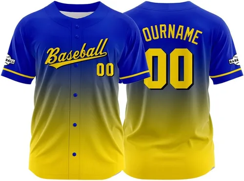 Vista 37 de Camiseta de béisbol con degradado personalizado, nombre, número y logotipo personalizados para hombres, mujeres y niños
